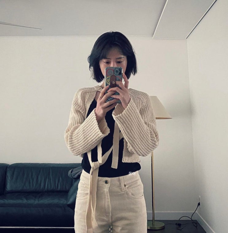  정유미 렉토 니트  가디건 라이트 베이지: RECTO cotton ribbon ties knitted cardigan