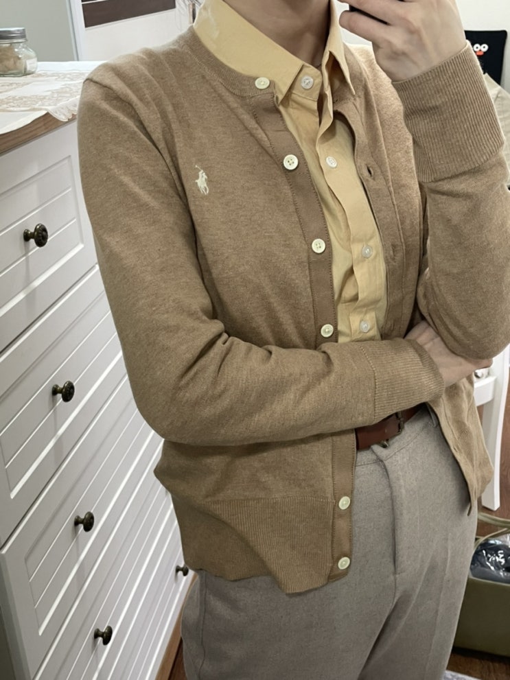  [ootd] 오늘 출근룩-노랑셔츠,폴로가디건,베이지슬랙스,오블롱백