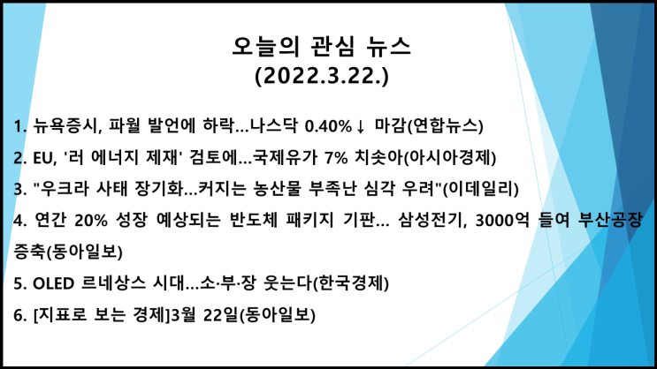  오늘의 관심 뉴스(2022.3.22.) 미-공격적 긴축 가능성 시사, 국제 유가 급등 → 미 뉴욕증시 하락(다우 지수 0.58%↓, 나스닥 지수 0.40%↓)