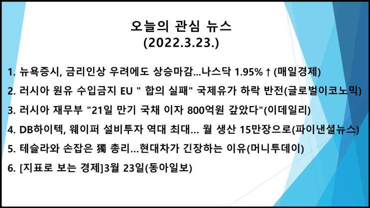  오늘의 관심 뉴스(2022.3.23.) 금리인상 불구, 높은 경기에 대한 자신감 → 미 뉴욕증시 상승(다우 지수 0.74%↑, 나스닥 지수 1.95%↑)