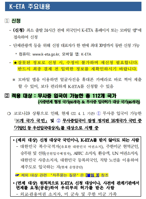 KETA(전자여행허가) 제도 2022년 4월 1일부터 중단국가 시행