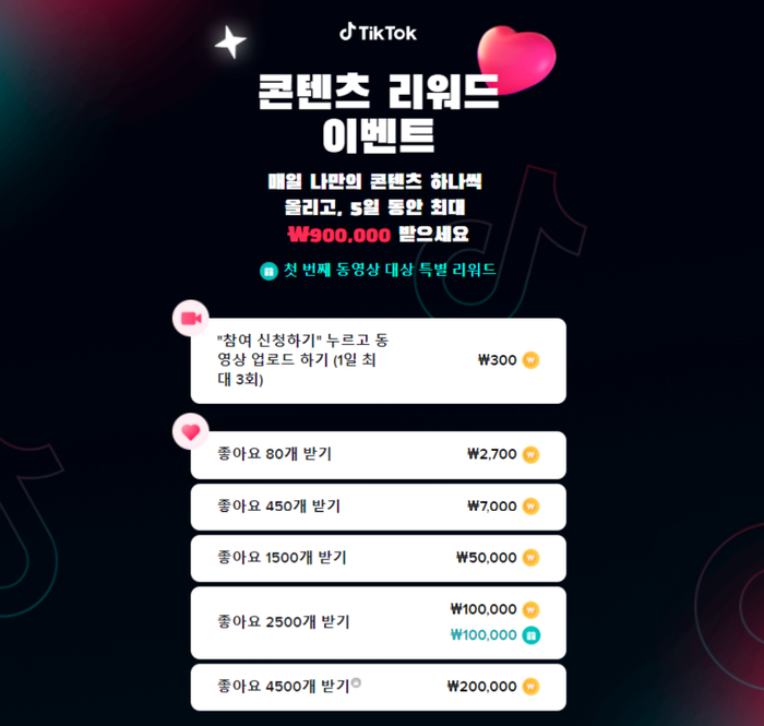  틱톡 이벤트 콘텐츠리워드 이벤트 참여하고 최대 90만원 받으세요 !
