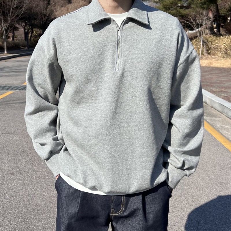 남자 반집업맨투맨 카라 하프집업맨투맨 생지와이드 데님 봄 코디