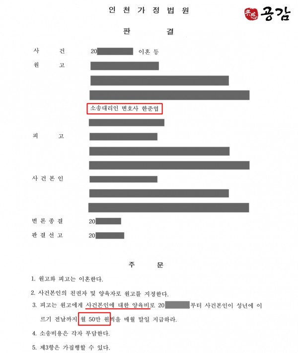 재혼이혼소송에서 양육권 지정 및 양육비 지급받은 사례 재혼이혼소송에서 양육권 지정 및 양육비 지급받은 사례