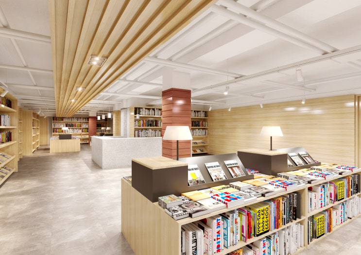 우드의 내추럴하고 천장 템바보드로 포인트가 되는 편안하고 아늑한 도서실 인테리어 내부 투시도