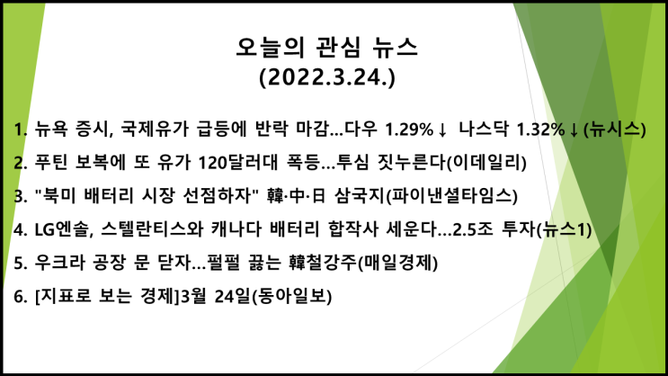  오늘의 관심 뉴스(2022.3.24.) 국제유가 급등 → 미 뉴욕증시 하락(다우 지수 1.29%↓, 나스닥 지수 1.32%↓)