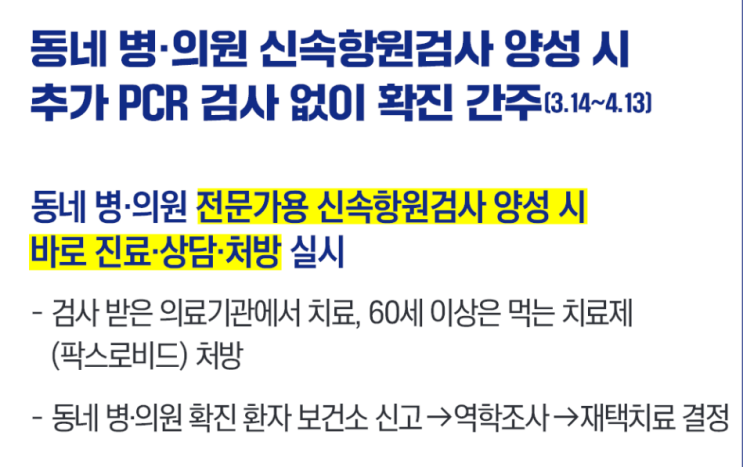  동네 병의원 신속항원검사 양성 시 추가 PCR 검사 없이 확진 간주(2022. 3.14.~4.13)