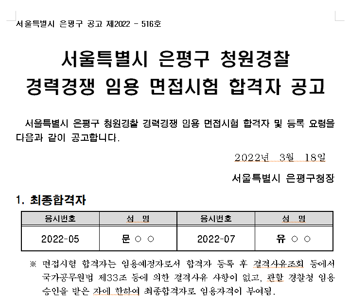 은평구청 청원경찰 채용비리 의혹? 합격대상자 미등록. 철저히 파헤쳐야