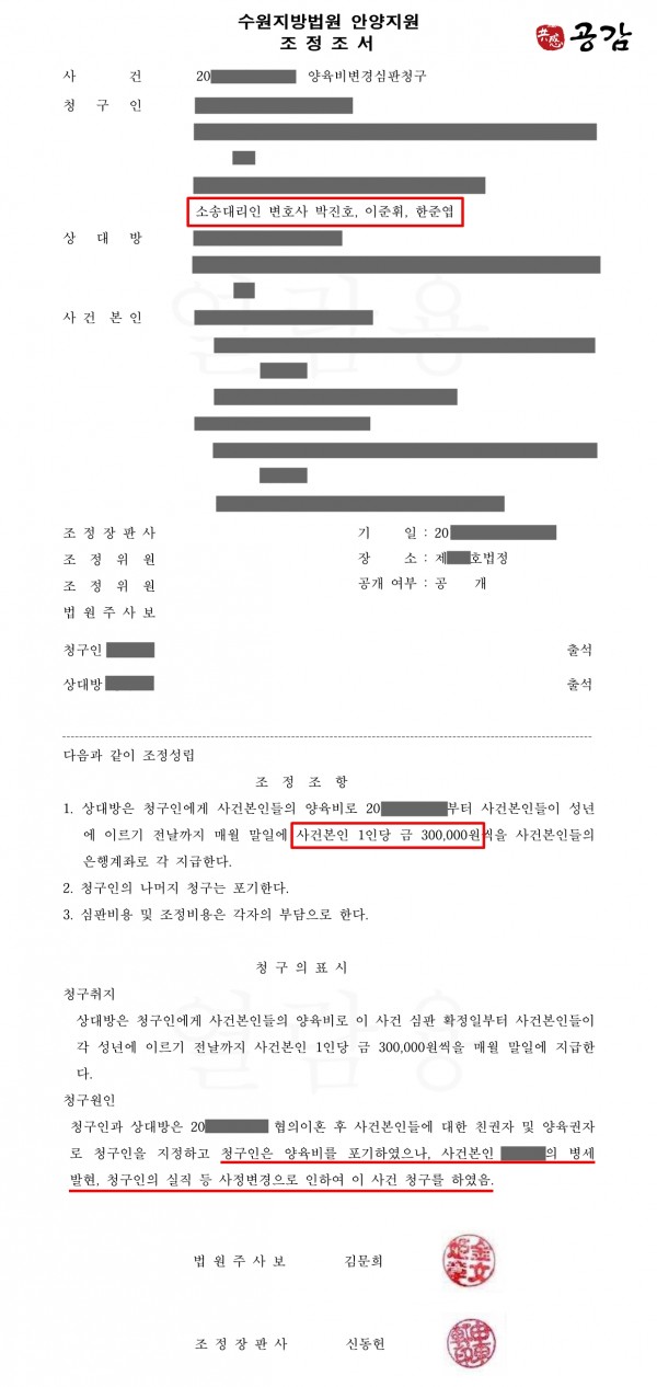 양육비변경심판청구 통해 양육비 0원에서 60만원으로 변경한 사례 양육비변경심판청구 통해 양육비 0원에서 60만원으로 변경한 사례
