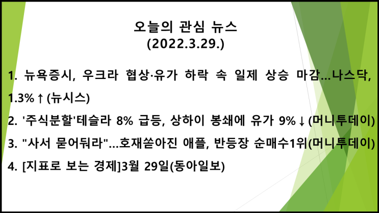  오늘의 관심 뉴스(2022.3.29. 火) 러-우크라 협상, 유가하락 → 미 뉴욕증시 상승(다우 지수 0.27%↑, 나스닥 지수 1.31%↑)