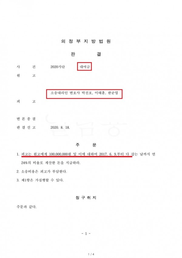 1억 원의 대여금 사건에서 전부 승소판결을 받은 사례 1억 원의 대여금 사건에서 전부 승소판결을 받은 사례