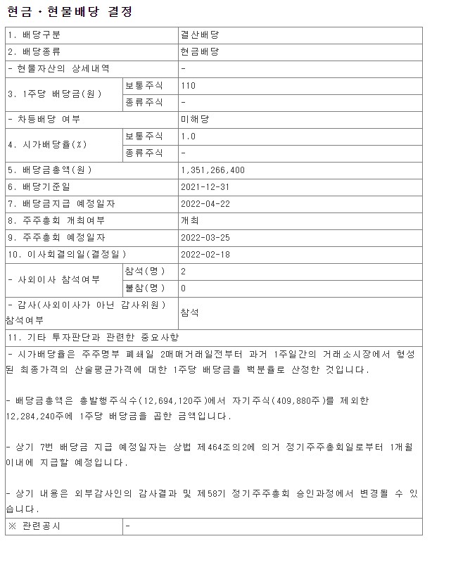  2021년 한국석유공업 배당금 총액 시가배당율 기준일 KOREA PETROLEUM 004090 한국거래소