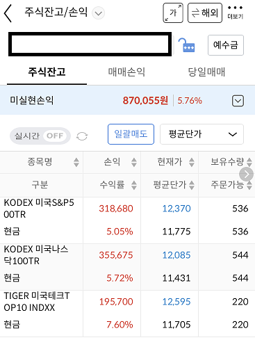  중개형 ISA 계좌에 S&P500, 미국나스닥100, 미국테크TOP10 추가 매수완료