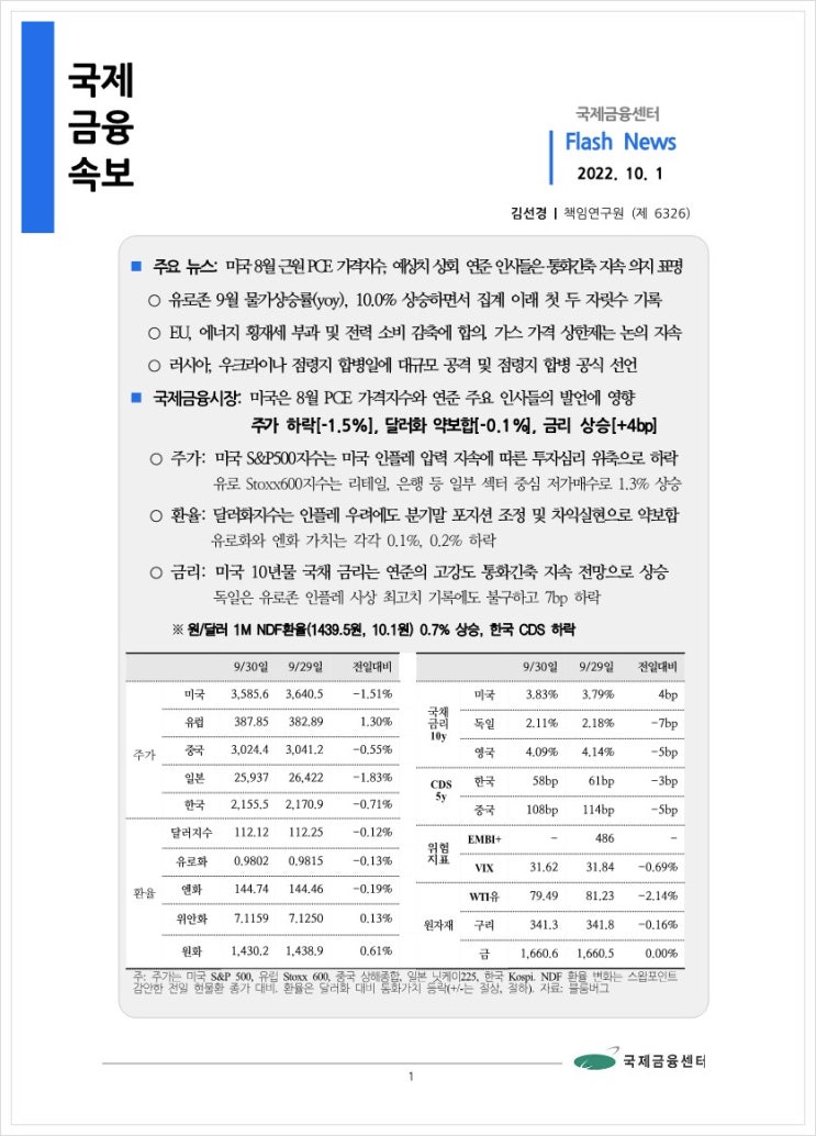  [10.1] 미국 8월 근원 PCE 가격지수, 예상치 상회. 연준 인사들은 통화긴축 지속 의지 표명 등, 국제금융속보