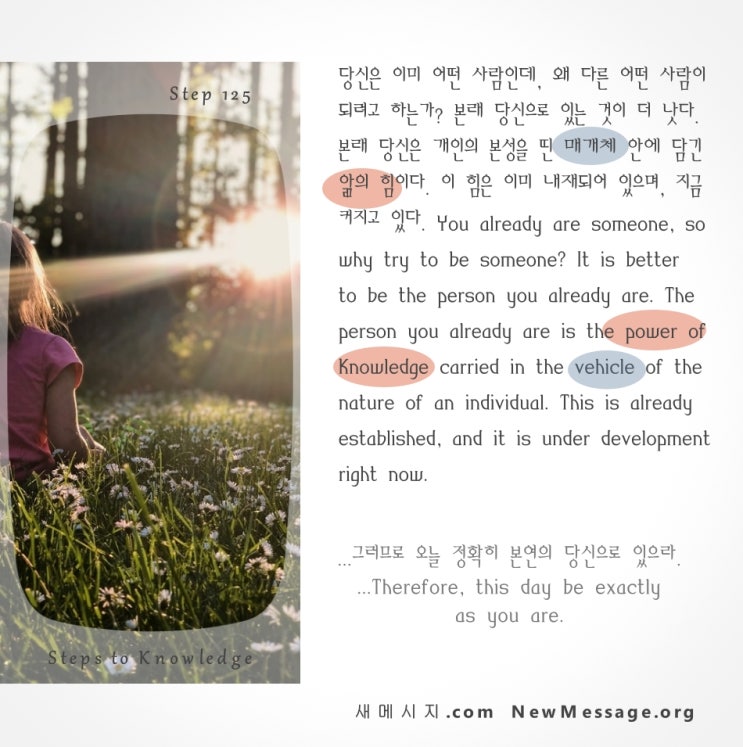 제 125 계단: 나는 오늘 다른 어떤 사람이 되지 않아도 된다 I do not need to be someone today. 제 125 계단: 나는 오늘 다른 어떤 사람이 되지 않아도 된다 I do not need to be someone today.