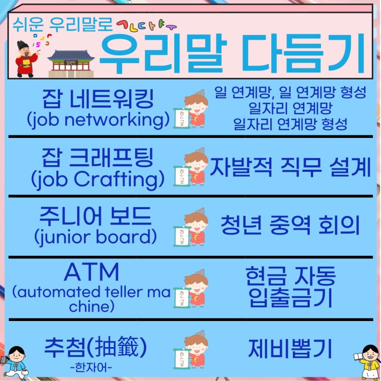  [10월 3일 아름다운 한글사랑] 잡 네트워킹, 잡 크래프팅, 주니어 보드, ATM, 추첨을 우리말로 다듬어보자!