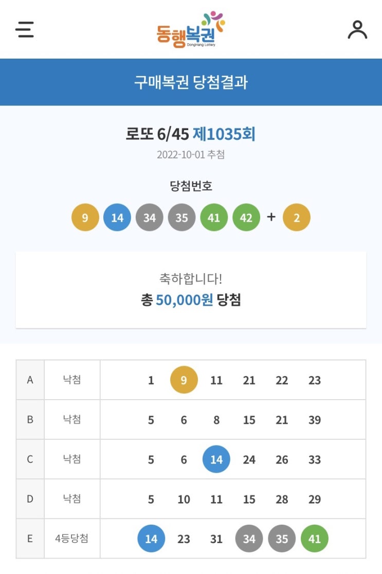  로또 1035회 당첨후기!!(물론...1,2등아님)