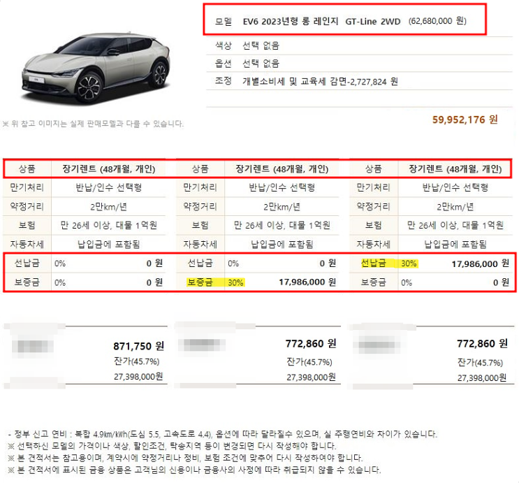 2023 EV6 롱 레인지 GT-Line 장기렌트 모의견적 가격표 10월 생산일정