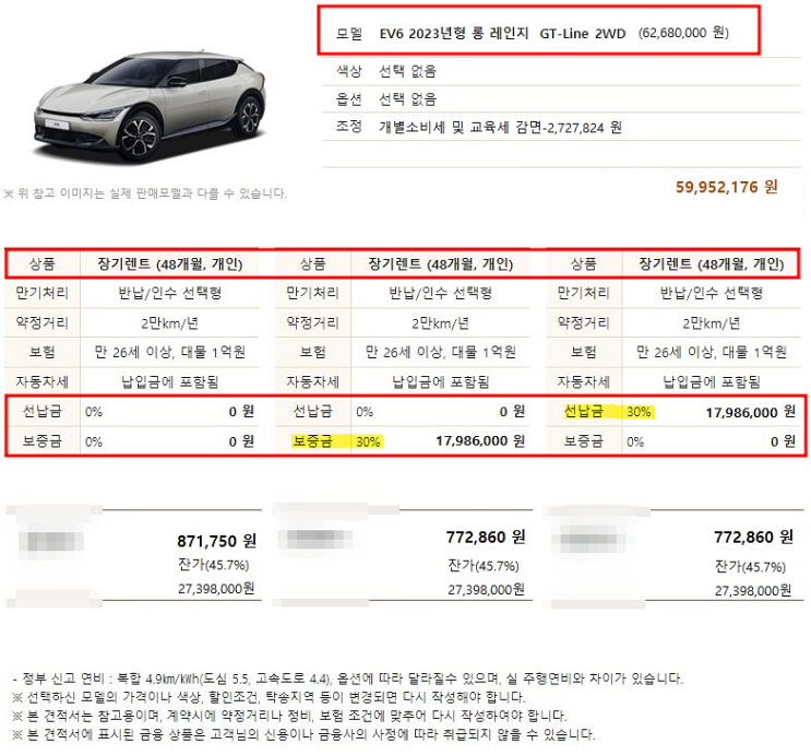 2023 EV6 롱 레인지 GT-Line 장기렌트 모의견적 가격표 10월 생산일정