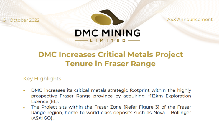  호주 니켈 탐사 회사 DMC MINING, 서호주 Fraser Range 지역 니켈 프로젝트 인수