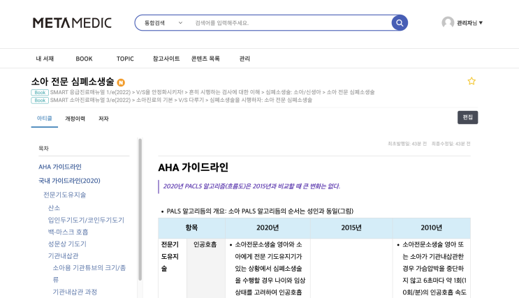  소아 전문 심폐소생술 - AHA/국내 가이드라인, 소아 전문 심폐소생술(PALS pulseless arrest) 알고리즘, 병원/현장 전문소생술 팀용 심장정지 전문소생술 순서