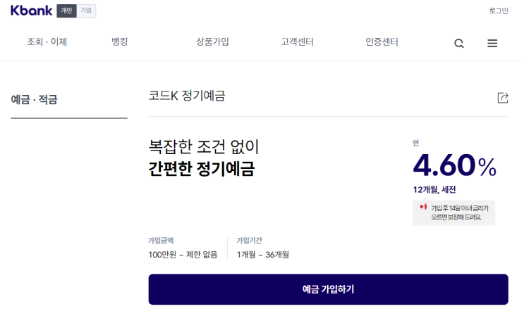 케이뱅크, 정기예금 최고 연4.6%(12개월) 케이뱅크, 정기예금 최고 연4.6%(12개월)
