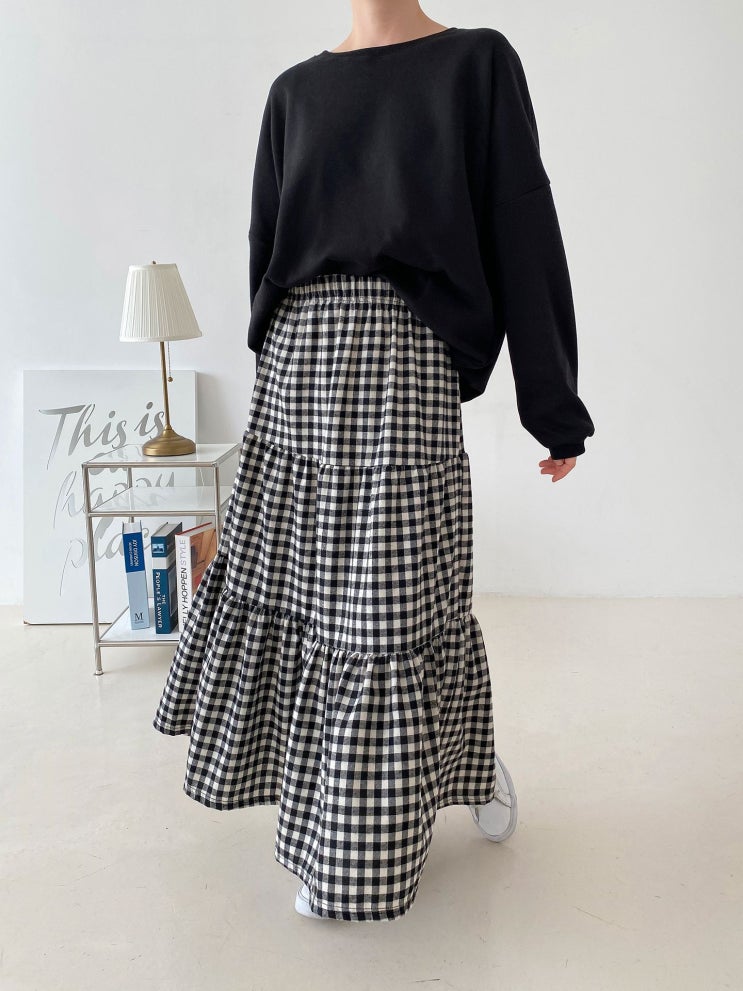  (2COL)기모 라운드 맨투맨 체크 캉캉스커트 투피스 코디세트
