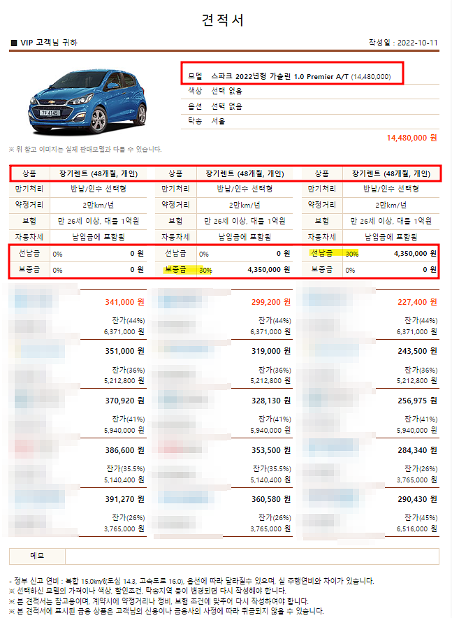  2022 쉐보레 스파크 장기렌트 모의견적 가격표 즉시출고