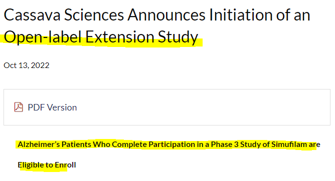 SAVA! Cassava Sciences Announces Initiation of an Open-label Extension Study! Simufilam임상3상 오픈라벨 시작! SAVA! Cassava Sciences Announces Initiation of an Open-label Extension Study! Simufilam임상3상 오픈라벨 시작!