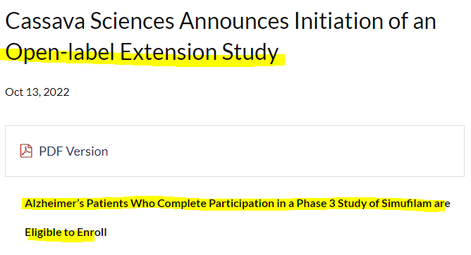 SAVA! Cassava Sciences Announces Initiation of an Open-label Extension Study! Simufilam임상3상 오픈라벨 시작!