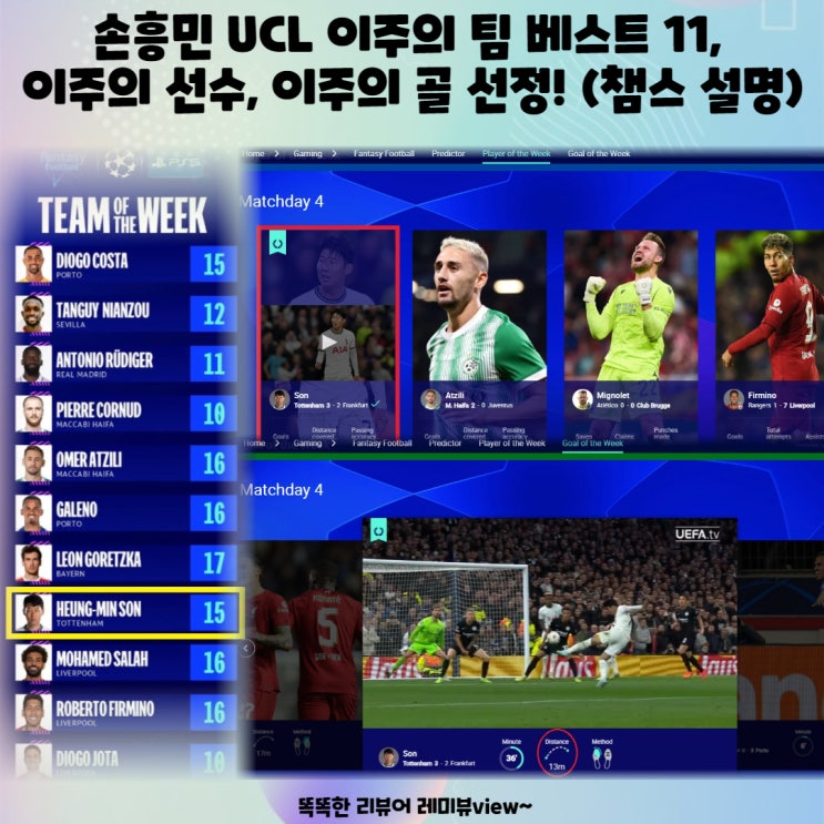 손흥민 UCL 이주의 팀 베스트 11, 선수, 골 선정! (챔스 설명)