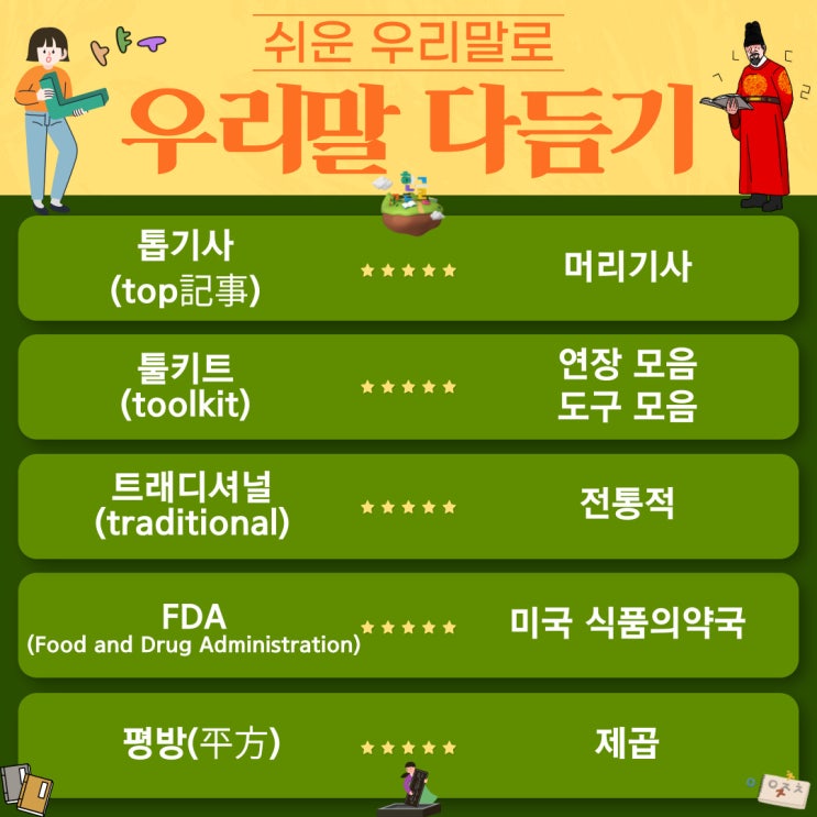 [10월 14일 아름다운 한글사랑] 톱기사, 툴키트, 트래디셔널, FDA, 평방을 우리말로 다듬어보자!