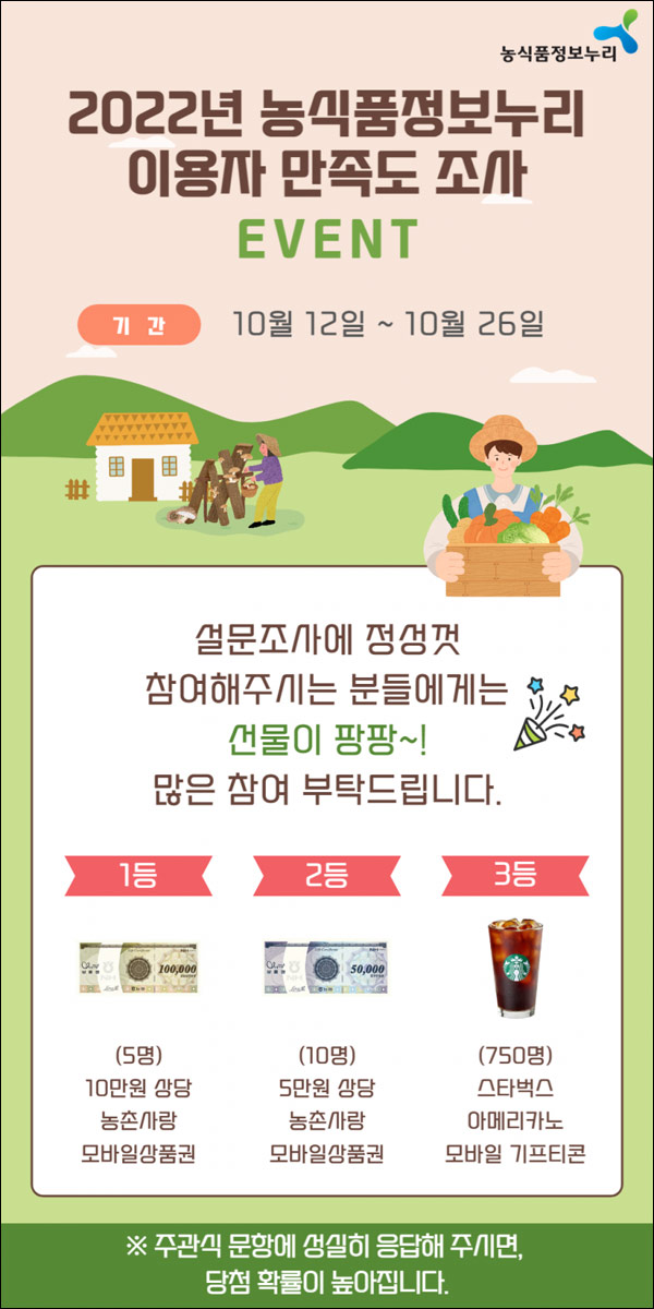 농식품정보누리 만족도 설문조사이벤트(스벅등 765명)추첨