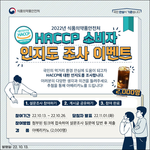 HACCP 소비자 인지도 설문조사 이벤트(커피기프티콘 2,000명)추첨 HACCP 소비자 인지도 설문조사 이벤트(커피기프티콘 2,000명)추첨