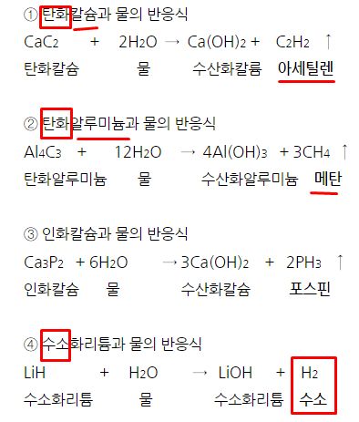  탄화칼슘, 탄화알루미늄, 인화칼슘, 수소화리튬 물 반응식