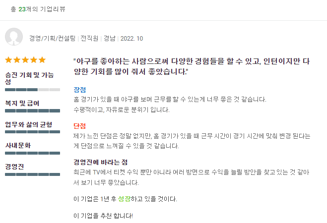  2020년~ 2022년 최근 2년 김택진 구단주의 NC 다이노스 구단직원들 기업 리뷰
