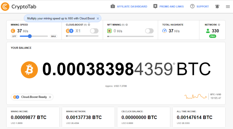 크립토탭 CryptoTab 브라우저를 통한 비트코인 채굴 현황 및 채굴 네트워크 330명 (2022.10.15)