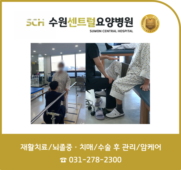  수원요양병원 중점 재활 프로그램, 재활과 요양을 동시에!! : 평행봉 gait training / 탄력밴드 근력강화 운동