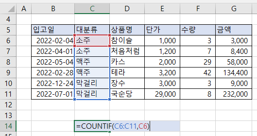  [Excel] COUNTIF 함수 사용법 -어떤조건(IF)을 만족하는 셀의 개수 세기(COUNT)