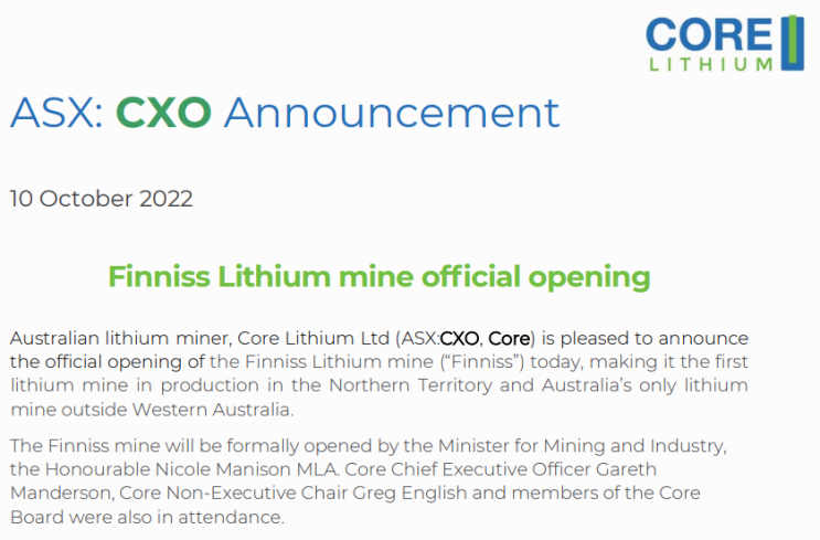  호주 리튬 광산 회사 Core lithium, 리튬 생산 개시