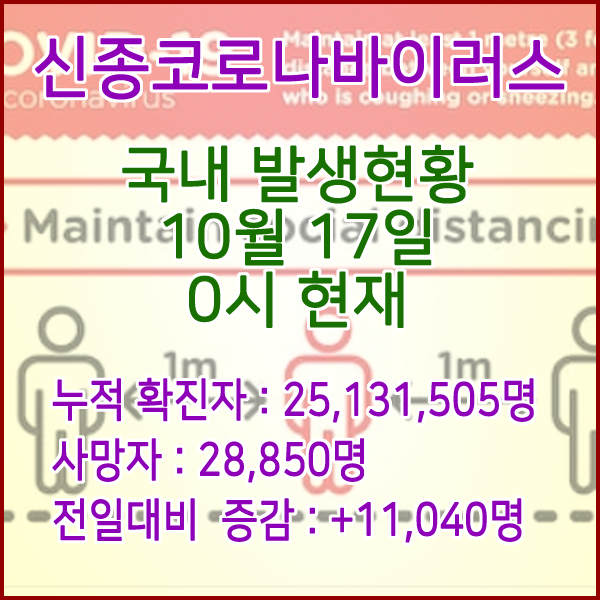  코로나19(코로나바이러스) 10월 17일 0시 신규확진자 11,040명 / 사망자 28,850명