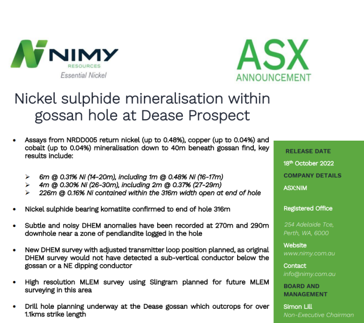  호주 니켈 탐사 회사 NIMY Resources, 서호주 니켈 프로젝트 황화_니켈 광상 확인