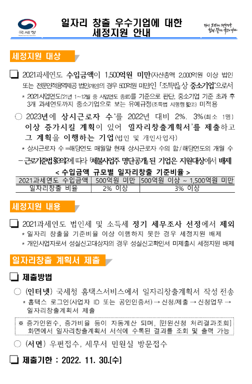 일자리 창출 우수기업에 대한 세정지원 안내_국세청 일자리 창출 우수기업에 대한 세정지원 안내_국세청