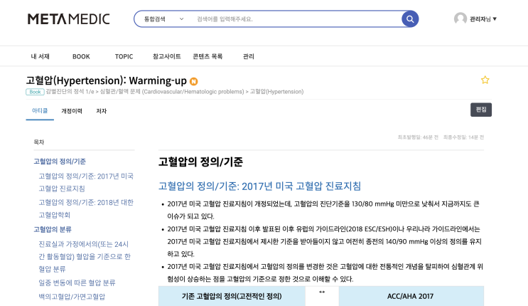  고혈압(Hypertension) - 정의/기준(미국 고혈압 진료지침, ACC/AHA, ESC/ESH), 분류(진성, 수축기, 확장기, 백의, 가면,아침, dipper, riser)