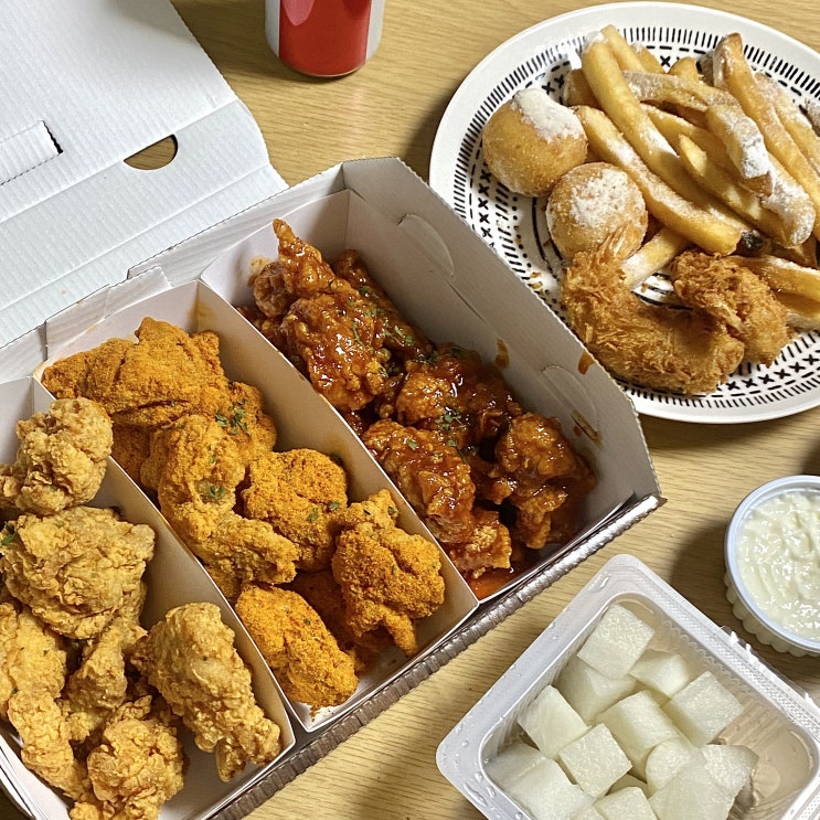  효자동치킨 '당치땡' 트리플세트 후라이드 양념 맵토스 솔직후기