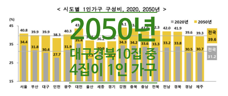  2050년 대구경북 10집 중 4집이 1인 가구