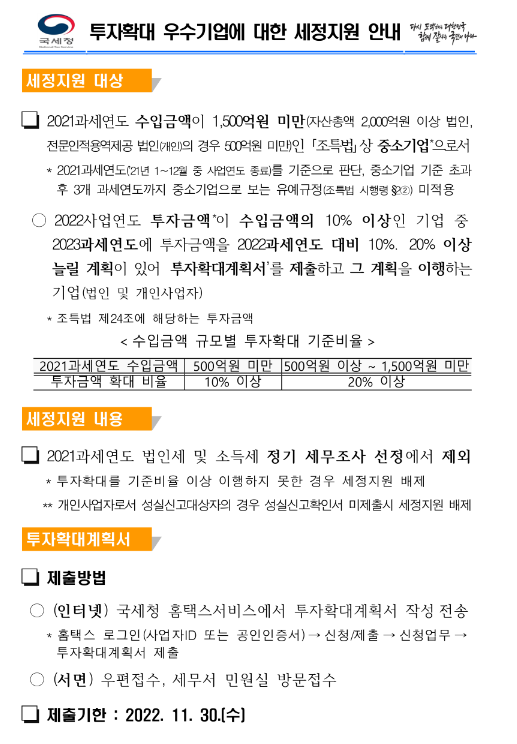 2022년 투자확대 우수기업에 대한 세정지원 안내 2022년 투자확대 우수기업에 대한 세정지원 안내
