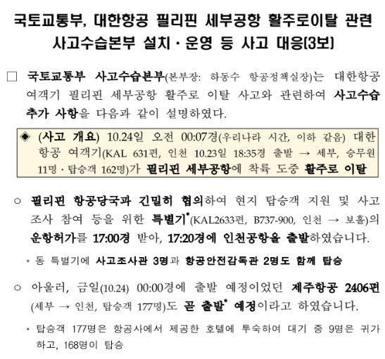국토교통부, 대한항공 필리핀 세부공항 활주로이탈 관련 사고수습본부 설치·운영 등 사고 대응(3보) 국토교통부, 대한항공 필리핀 세부공항 활주로이탈 관련 사고수습본부 설치·운영 등 사고 대응(3보)