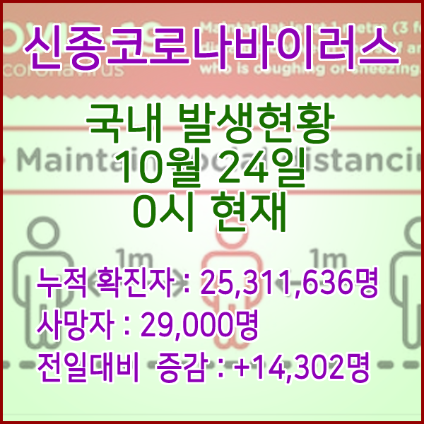  코로나19(코로나바이러스) 10월 24일 0시 신규확진자 14,302명 / 사망자 29,000명