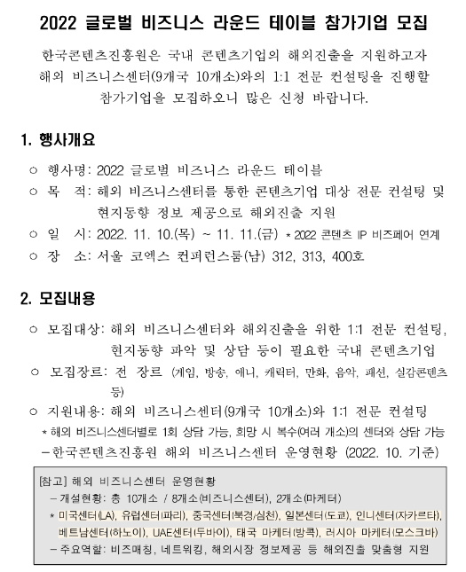 2022년 글로벌 비즈니스 라운드 테이블 참가기업 모집 공고 2022년 글로벌 비즈니스 라운드 테이블 참가기업 모집 공고